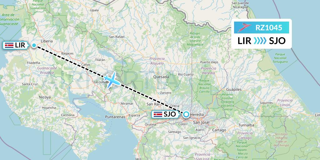 RZ1045 Sansa Airlines Flight Map: Liberia to San Jose