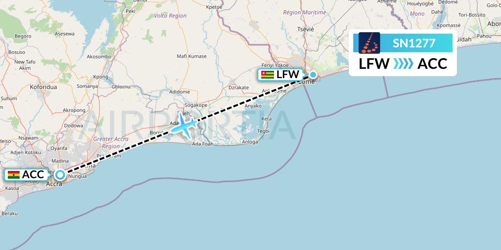 SN1277 Brussels Airlines Flight Map: Lome to Accra
