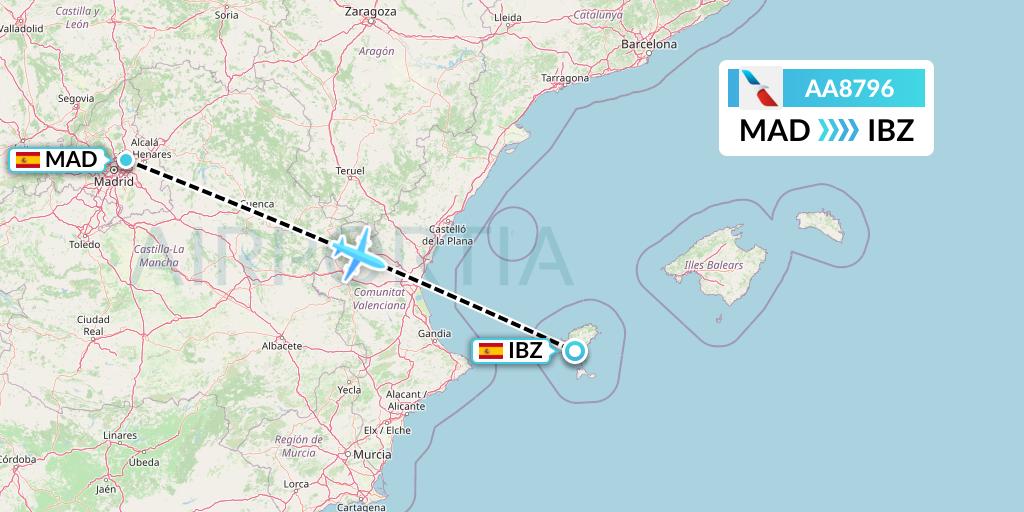 AA8796 American Airlines Flight Map: Madrid to Ibiza