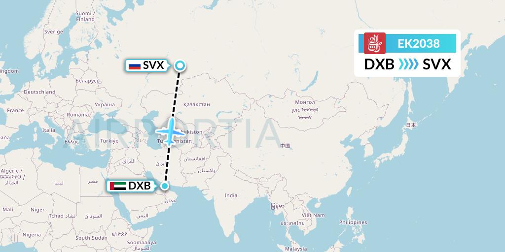 EK2038 Emirates Flight Map: Dubai to Yekaterinburg