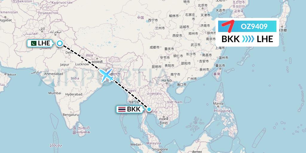 OZ9409 Asiana Airlines Flight Map: Bangkok to Lahore
