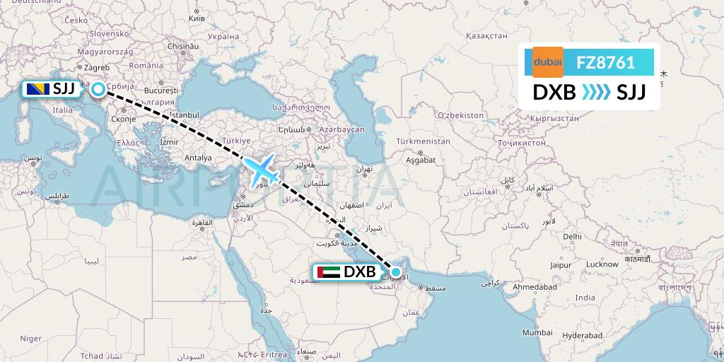 FZ8761 FlyDubai Flight Map: Dubai to Sarajevo