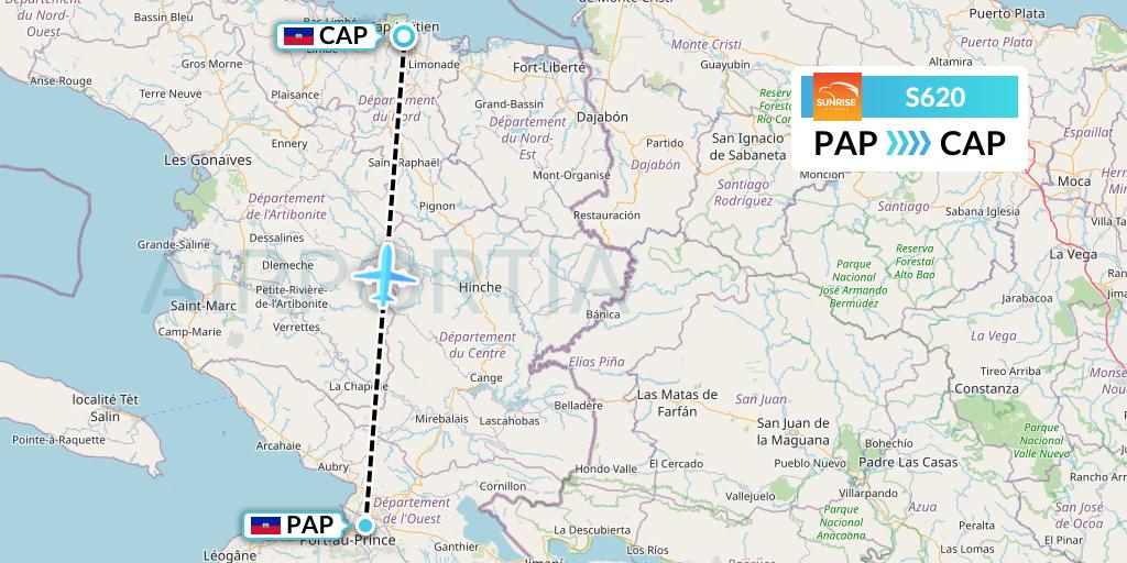 S620 Sunrise Airways Flight Map: Port-au-Prince to Cap-Haitien