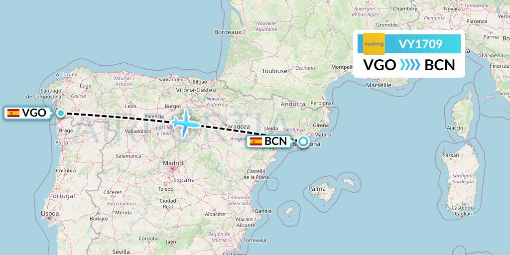 VY1709 Vueling Flight Map: Vigo to Barcelona