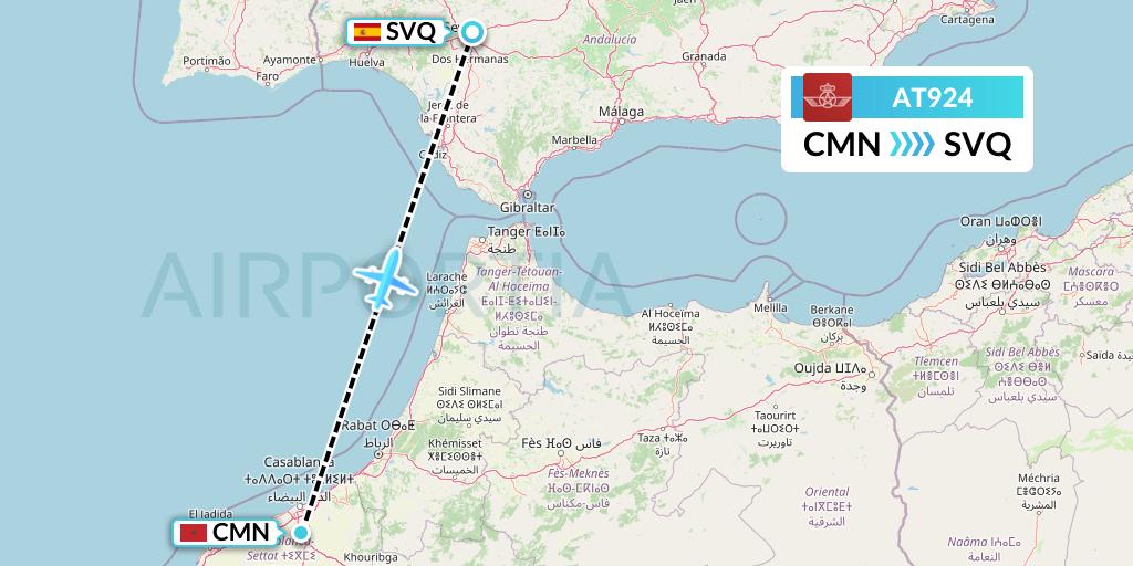 AT924 Royal Air Maroc Flight Map: Casablanca to Seville