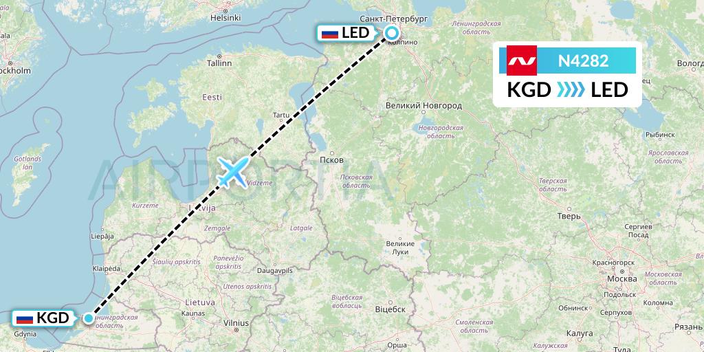 N4282 Nordwind Airlines Flight Map: Kaliningrad to St. Petersburg