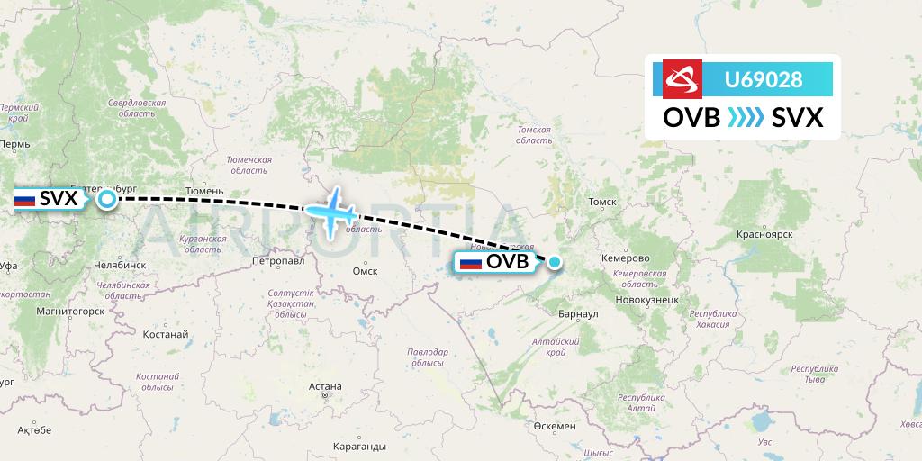 U69028 Ural Airlines Flight Map: Novosibirsk to Yekaterinburg