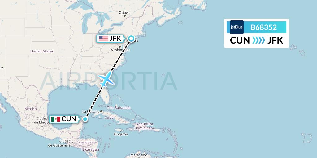 B68352 JetBlue Airways Flight Map: Cancun to New York