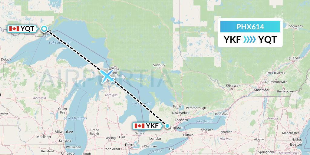 PHX614 SkyCare Flight Map: Waterloo to Thunder Bay