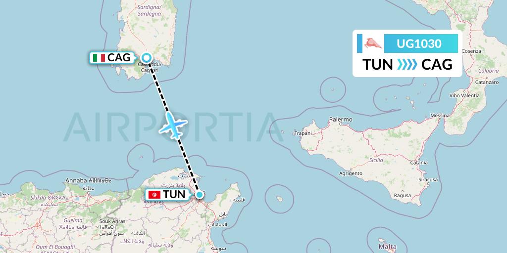 UG1030 Tunisair Express Flight Map: Tunis to Cagliari