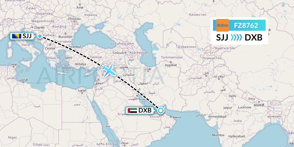 FZ8762 FlyDubai Flight Map: Sarajevo to Dubai