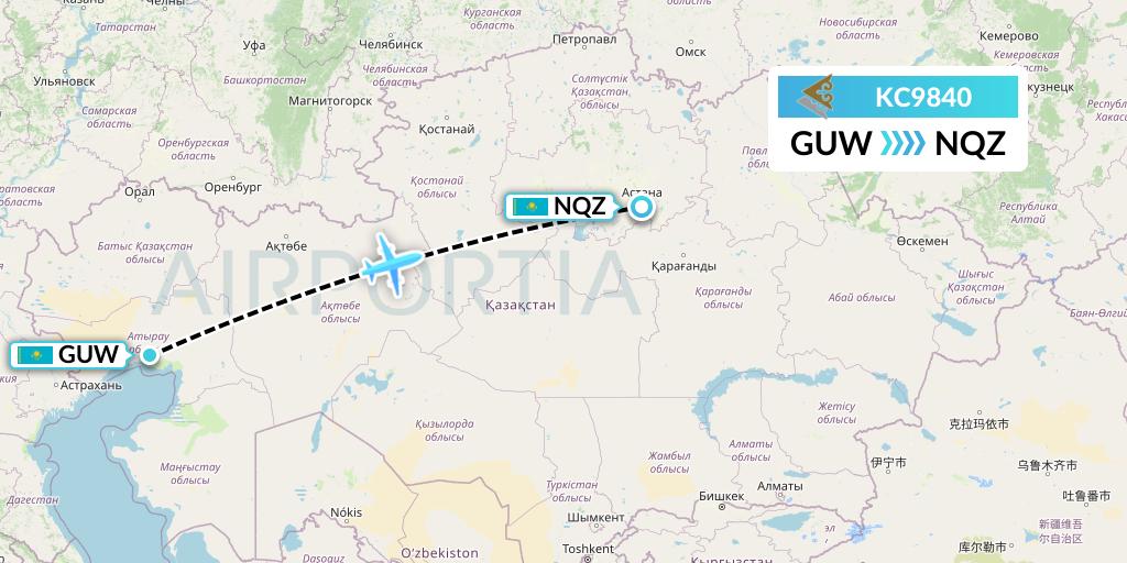 KC9840 Air Astana Flight Map: Atyrau to Astana
