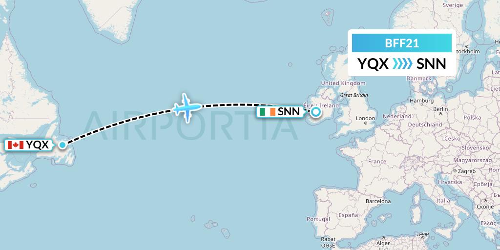 BFF21 Air Nunavut Flight Map: Gander to Shannon