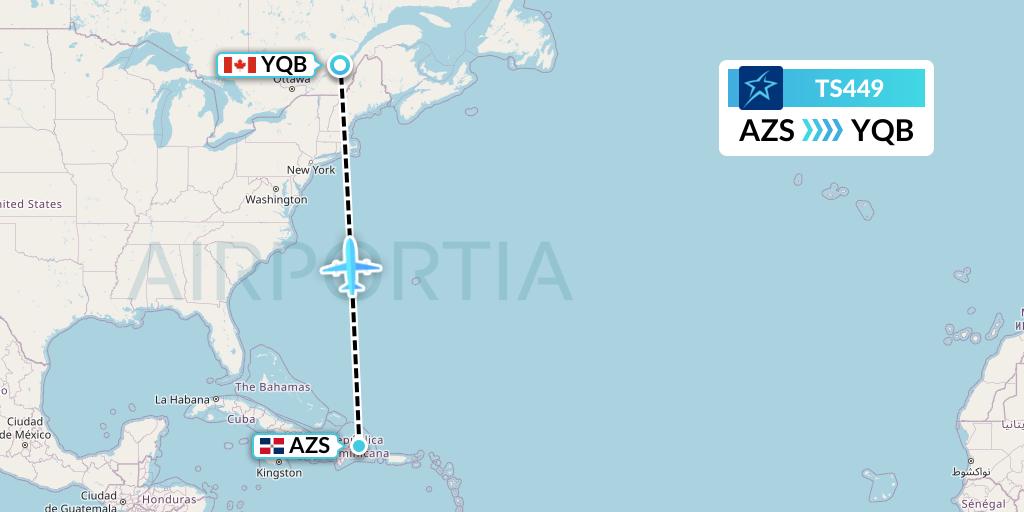TS449 Air Transat Flight Map: Samana to Quebec