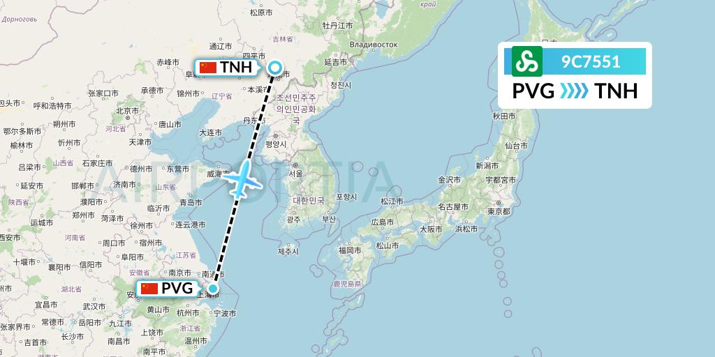 9C7551 Spring Airlines Flight Map: Shanghai to Tonghua