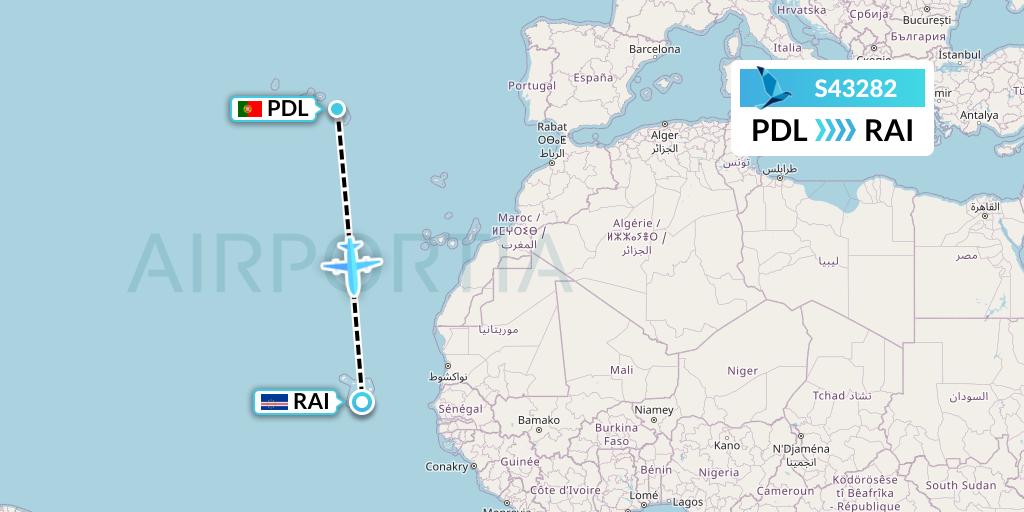 S43282 Azores Airlines Flight Map: Ponta Delgada to Praia