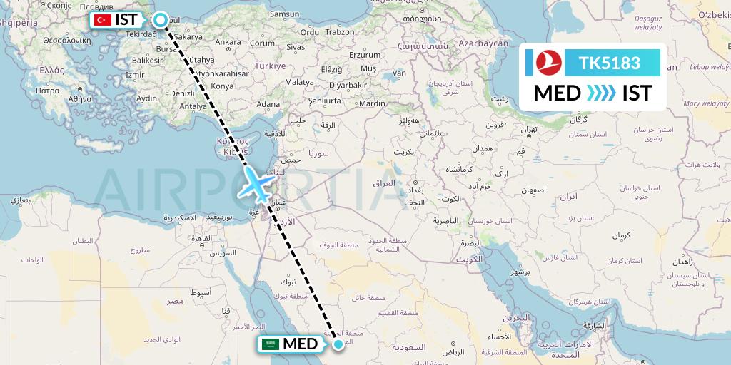TK5183 Turkish Airlines Flight Map: Medina to Istanbul
