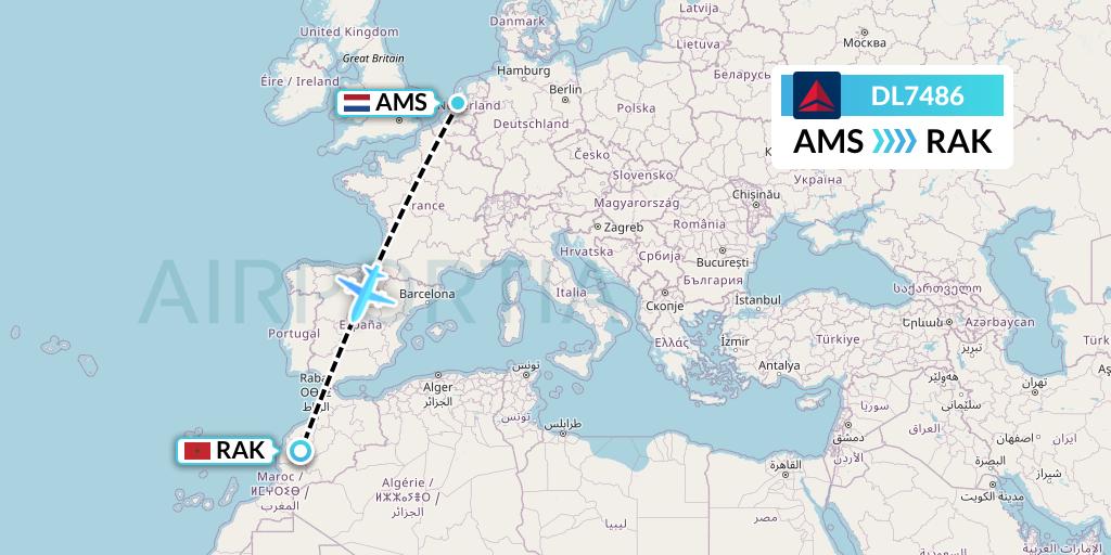 DL7486 Delta Air Lines Flight Map: Amsterdam to Marrakesh