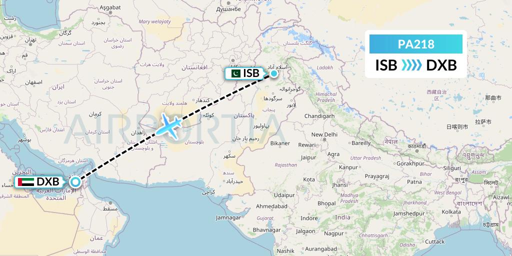 PA218 AirBlue Flight Map: Islamabad to Dubai