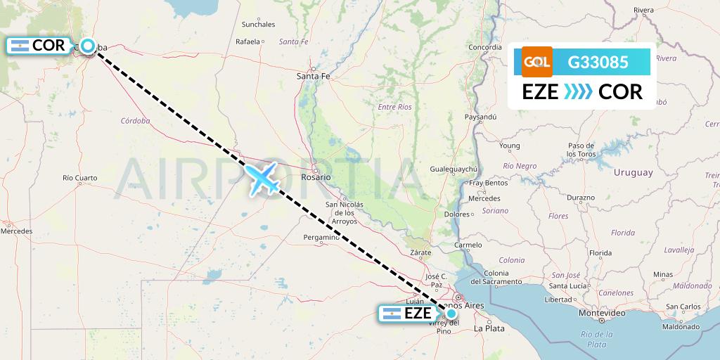 G33085 GOL Transportes Aeros Flight Map: Buenos Aires to Cordoba