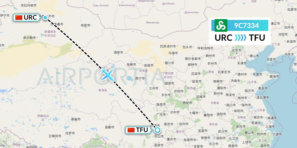 9C7334 Spring Airlines Flight Map: Urumqi to Chengdu