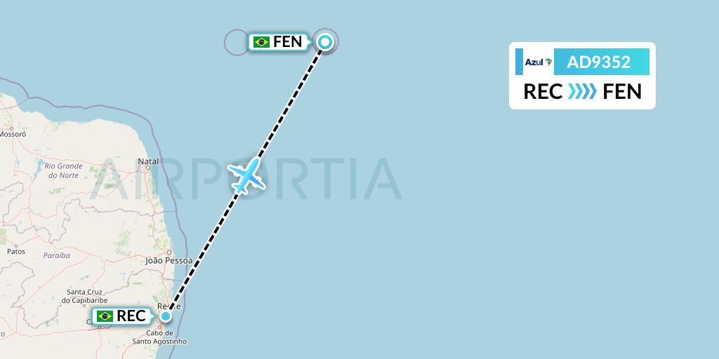AD9352 Azul Brazilian Airlines Flight Map: Recife to Fernando De Noronha