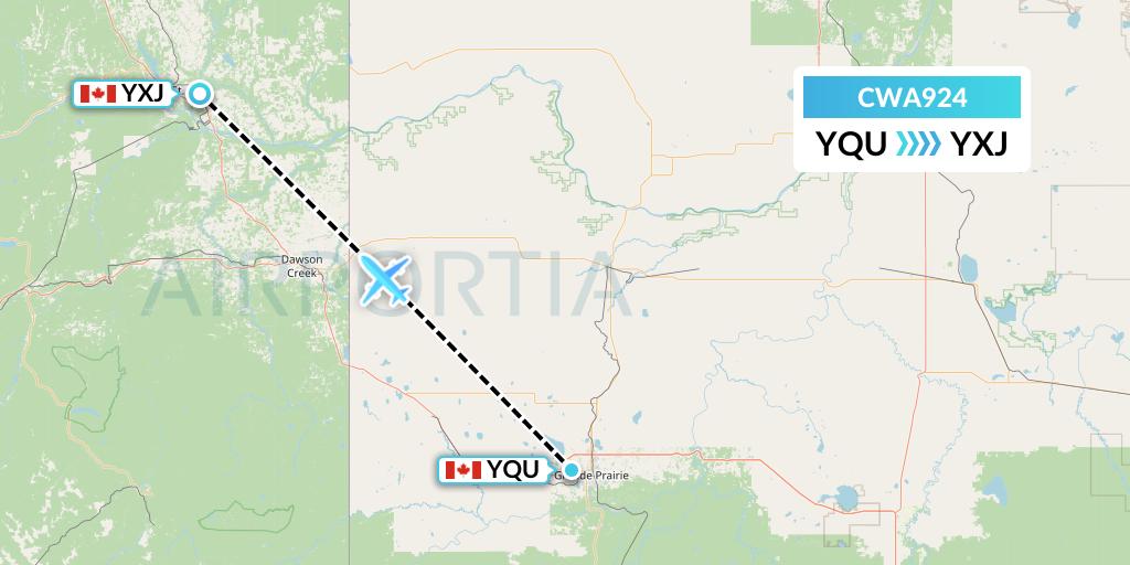 CWA924 Can West Corporate Air Charters Ltd. Flight Map: Grande Prairie to Fort St. John