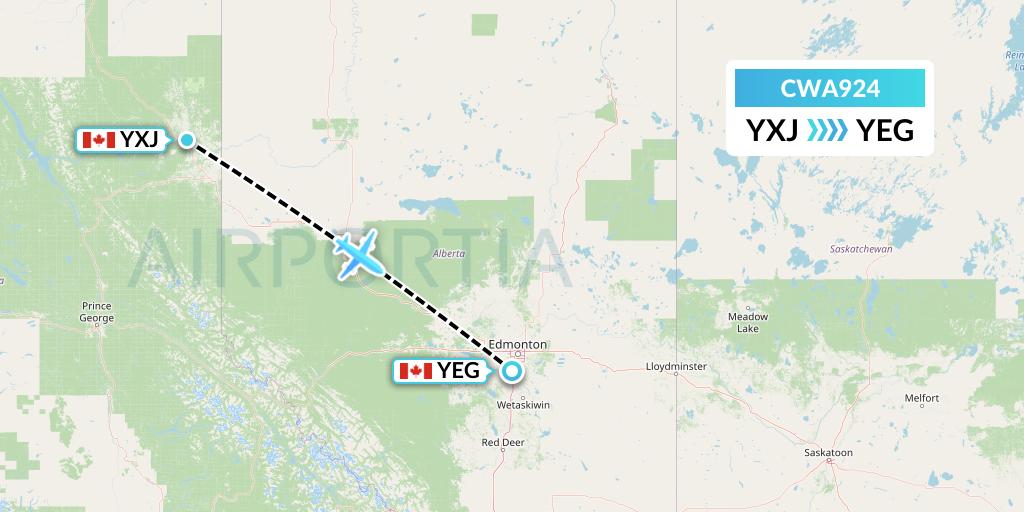 CWA924 Can West Corporate Air Charters Ltd. Flight Map: Fort St. John to Edmonton