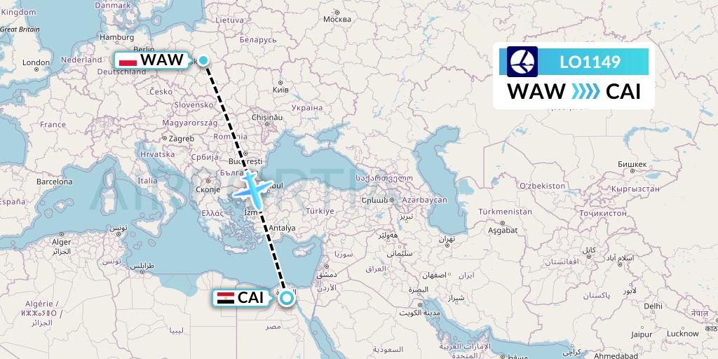 LO1149 LOT Flight Map: Warsaw to Cairo
