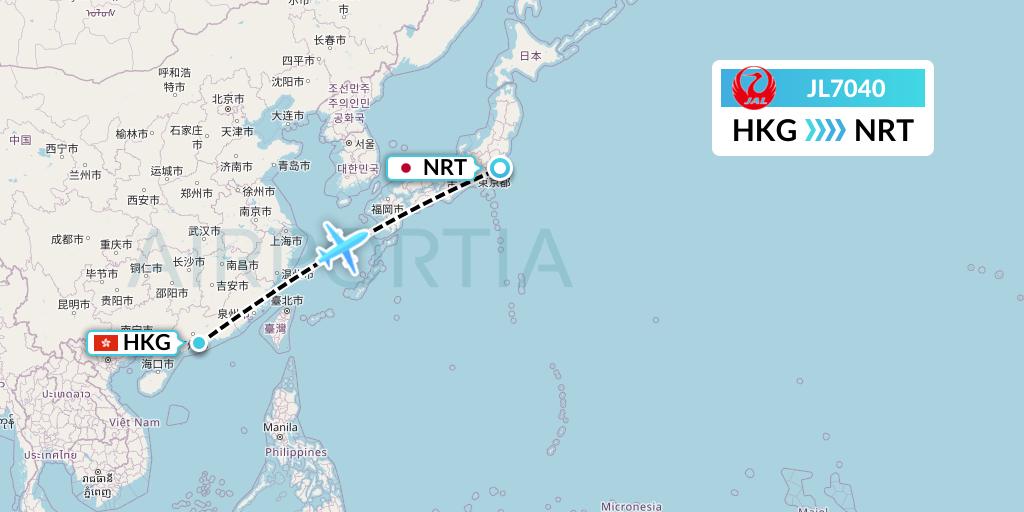 JL7040 Japan Airlines Flight Map: Hong Kong to Tokyo