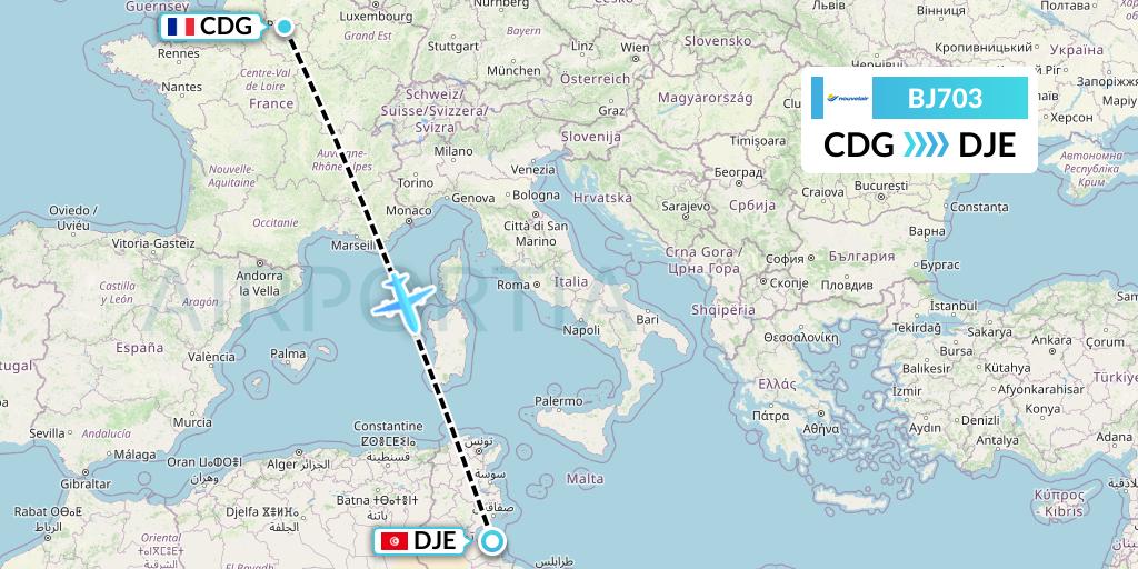 BJ703 Nouvelair Tunisie Flight Map: Paris to Djerba