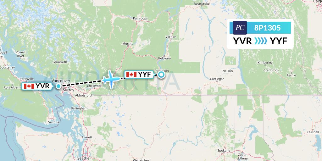 8P1305 Pacific Coastal Airlines Flight Map: Vancouver to Penticton