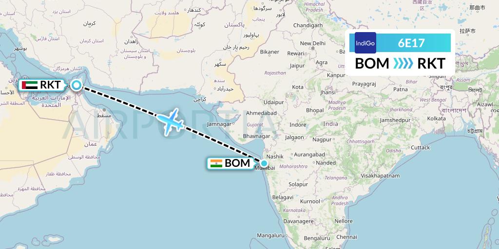 6E17 IndiGo Airlines Flight Map: Mumbai to Ra'sal-Khaymah