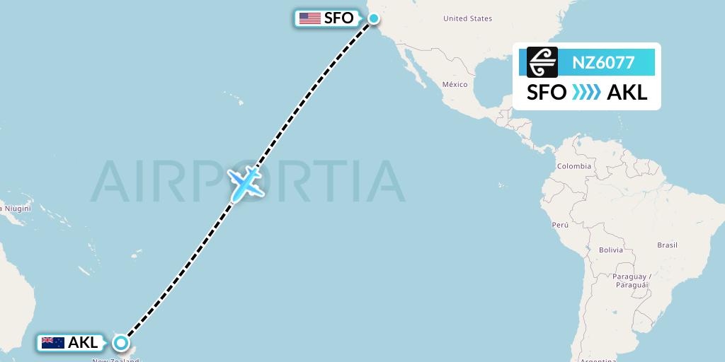 NZ6077 Air New Zealand Flight Map: San Francisco to Auckland