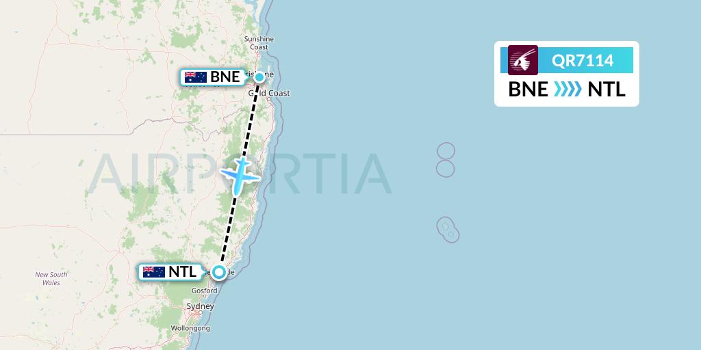 QR7114 Qatar Airways Flight Map: Brisbane to Newcastle
