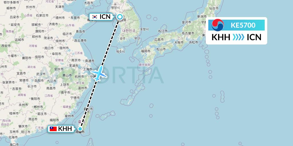 KE5700 Korean Air Flight Map: Kaohsiung to Seoul