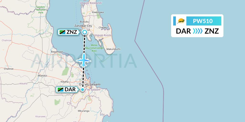 PW510 Precision Air Flight Map: Dar-es-Salaam to Zanzibar