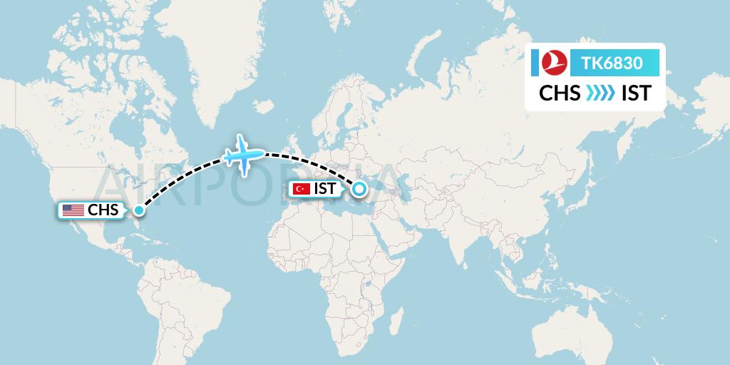 TK6830 Turkish Airlines Flight Map: Charleston to Istanbul