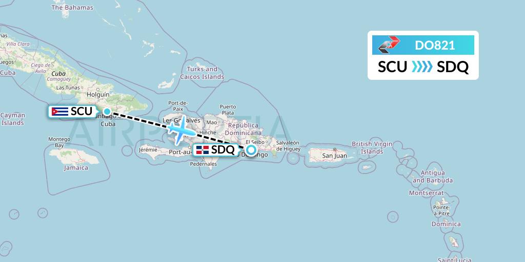 DO821 Sky High Aviation Flight Map: Santiago de Cuba to Santo Domingo