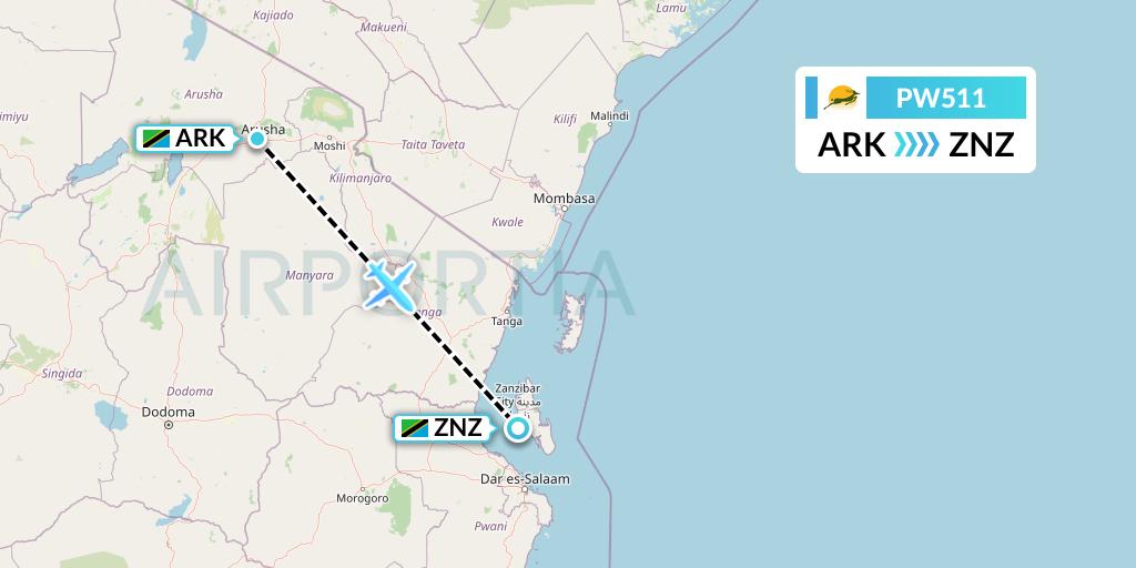 PW511 Precision Air Flight Map: Arusha to Zanzibar