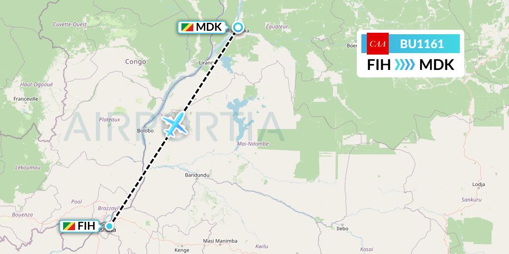 BU1161 flyCAA Flight Map: Kinshasa to Mbandaka