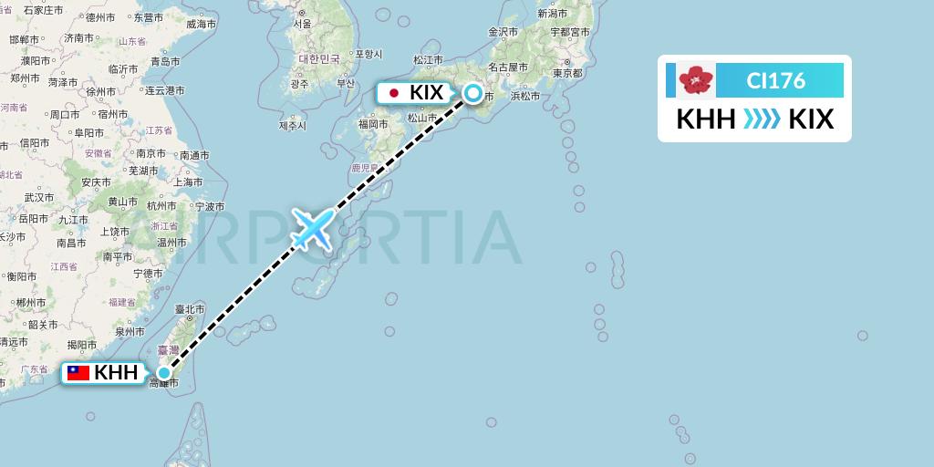 CI176 China Airlines Flight Map: Kaohsiung to Osaka