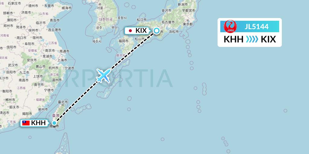 JL5144 Japan Airlines Flight Map: Kaohsiung to Osaka