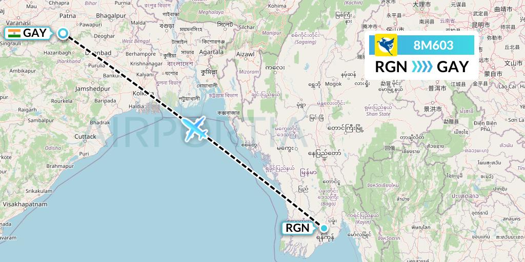 8M603 Myanmar Airways International Flight Map: Yangon to Gaya