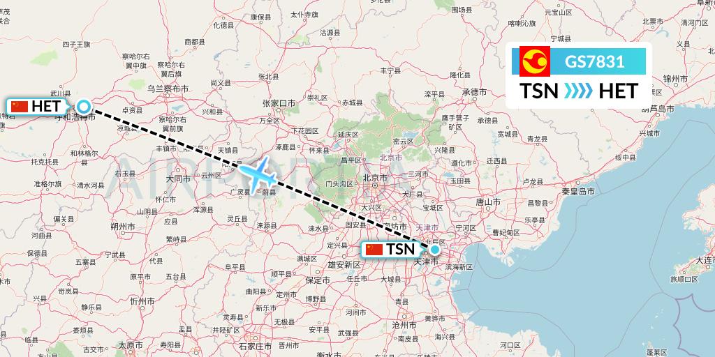 GS7831 Tianjin Airlines Flight Map: Tianjin to Hohhot