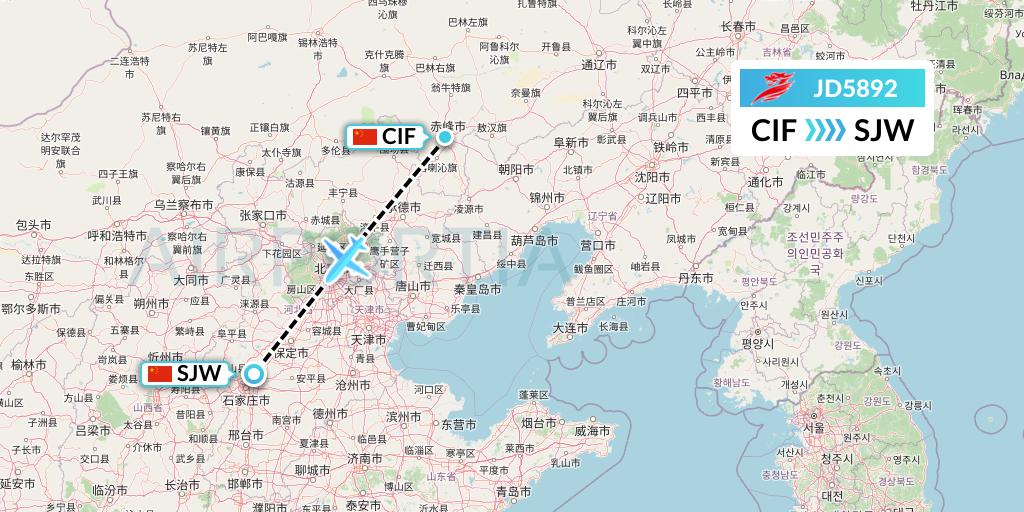JD5892 Capital Airlines Flight Map: Chifeng to Shijiazhuang