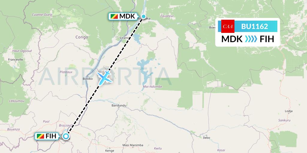 BU1162 flyCAA Flight Map: Mbandaka to Kinshasa
