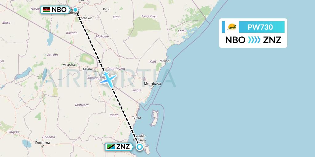 PW730 Precision Air Flight Map: Nairobi to Zanzibar