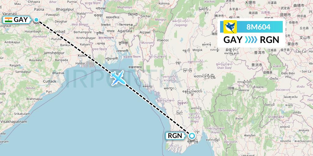 8M604 Myanmar Airways International Flight Map: Gaya to Yangon