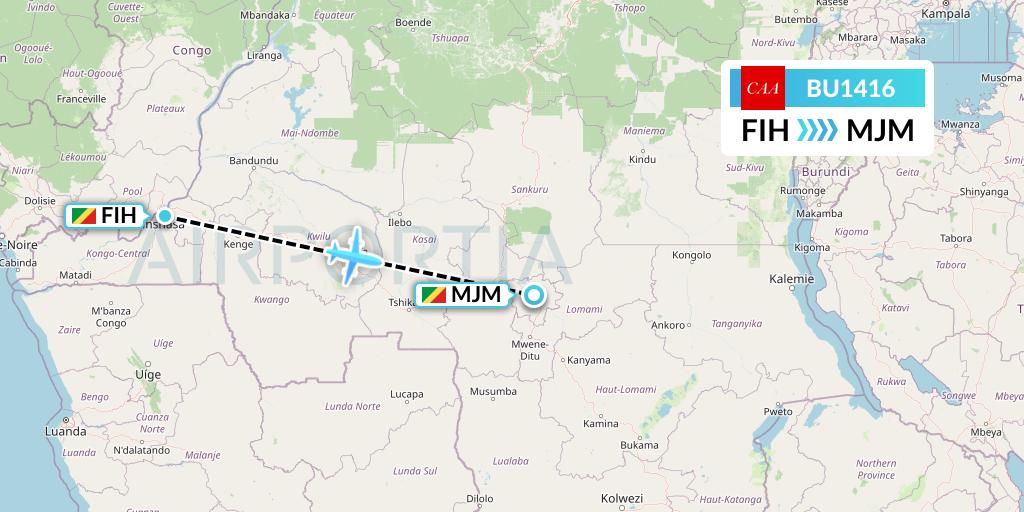 BU1416 flyCAA Flight Map: Kinshasa to Mbuji Mayi